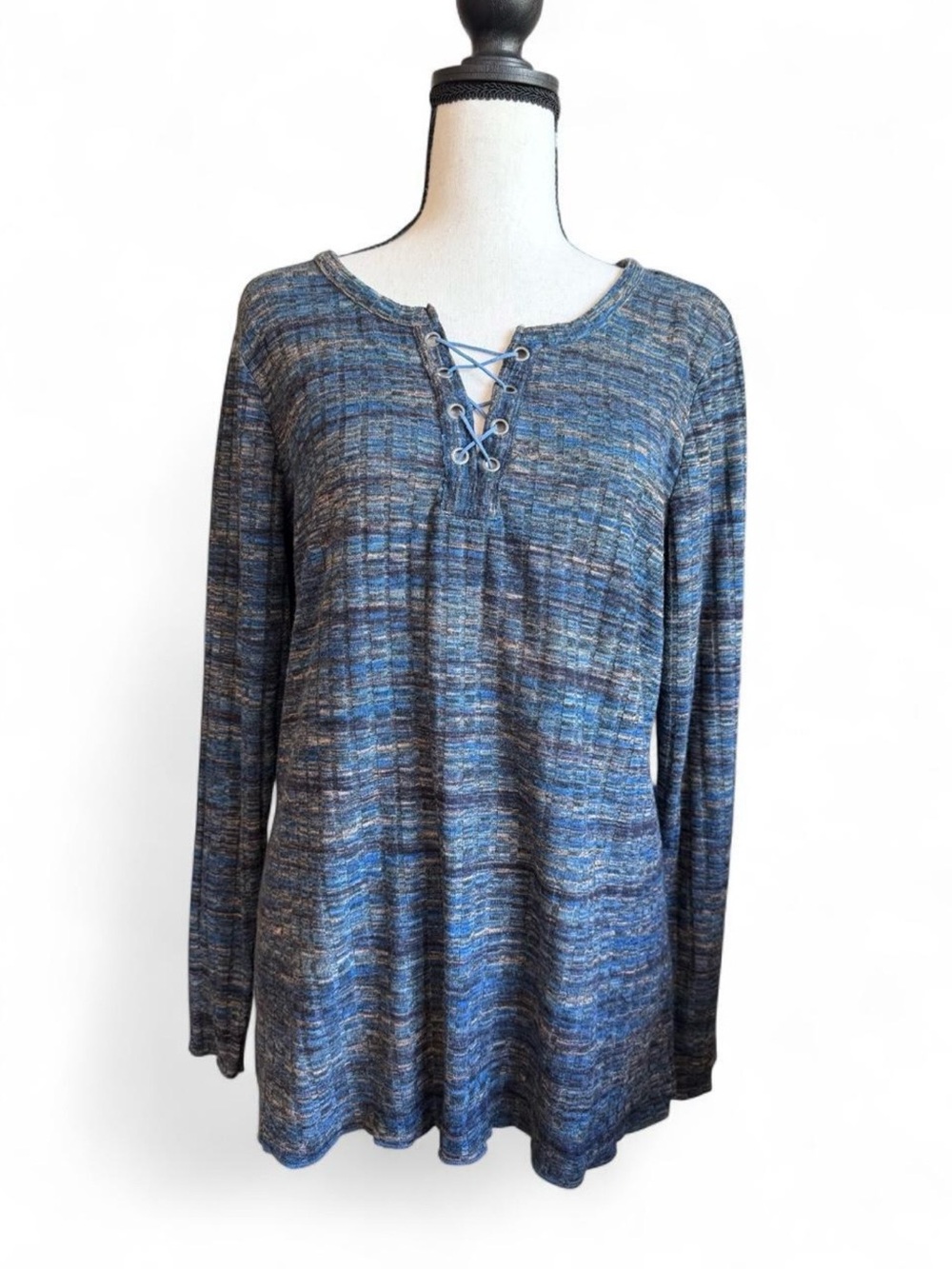 Vintage America Space Dye Ribbed Lace-Up Tunic Top Size L Blue